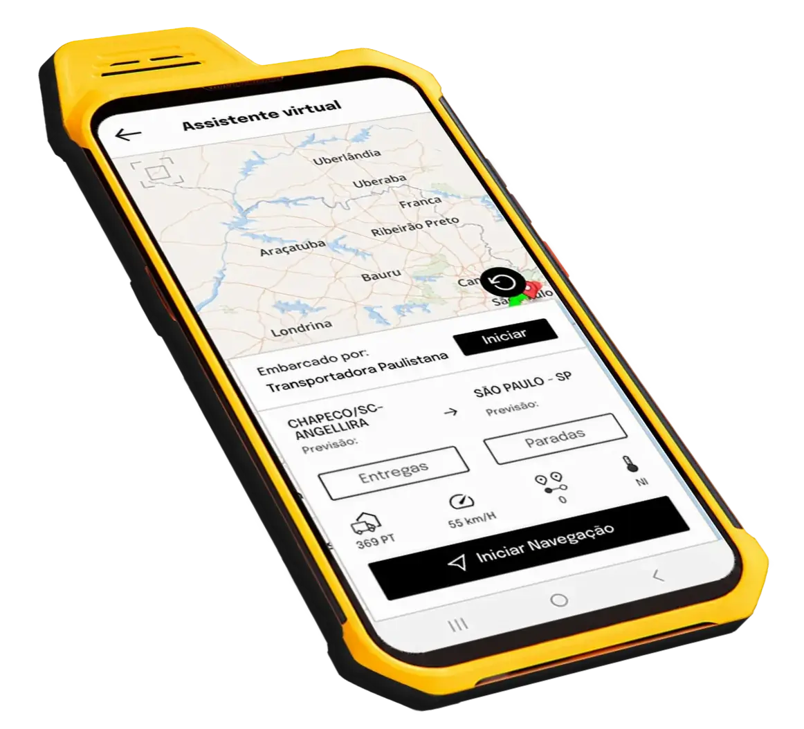 Smartphone FOX PRO amarelo, com o assistente de viagem aberto na tela
