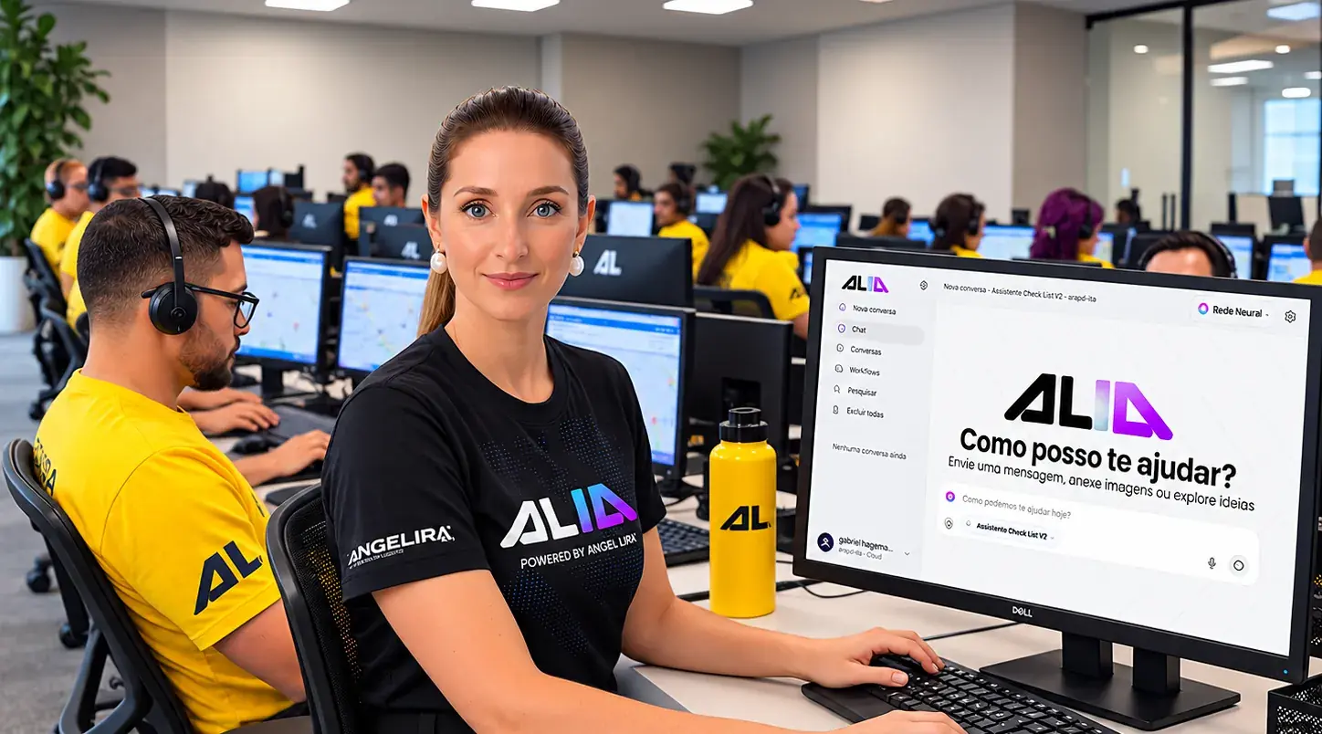 Atendente da Angel Lira com a camiseta da ALIA, sorrindo em frente ao computador com a tela da ALIA aberta, numa central com outros atendentes de headset