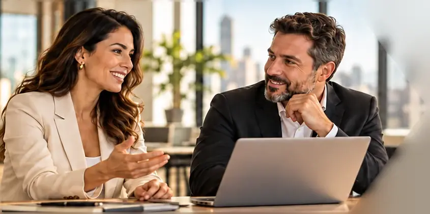 Corretora e corretor conversando em uma reunião, com um notebook na mesa