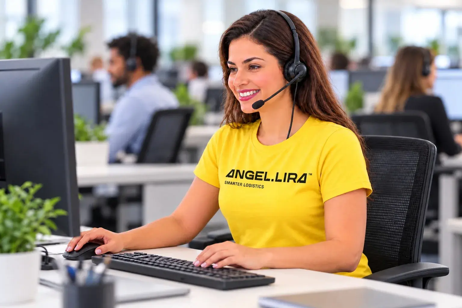 Atendente da Angel Lira de headset e camiseta amarela, sorrindo enquanto atende no computador da central