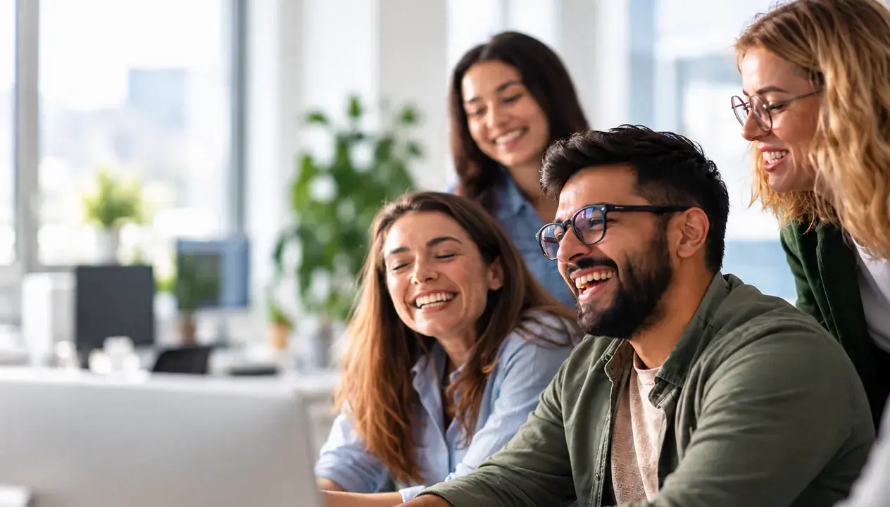 Equipe sorrindo em uma reunião de trabalho